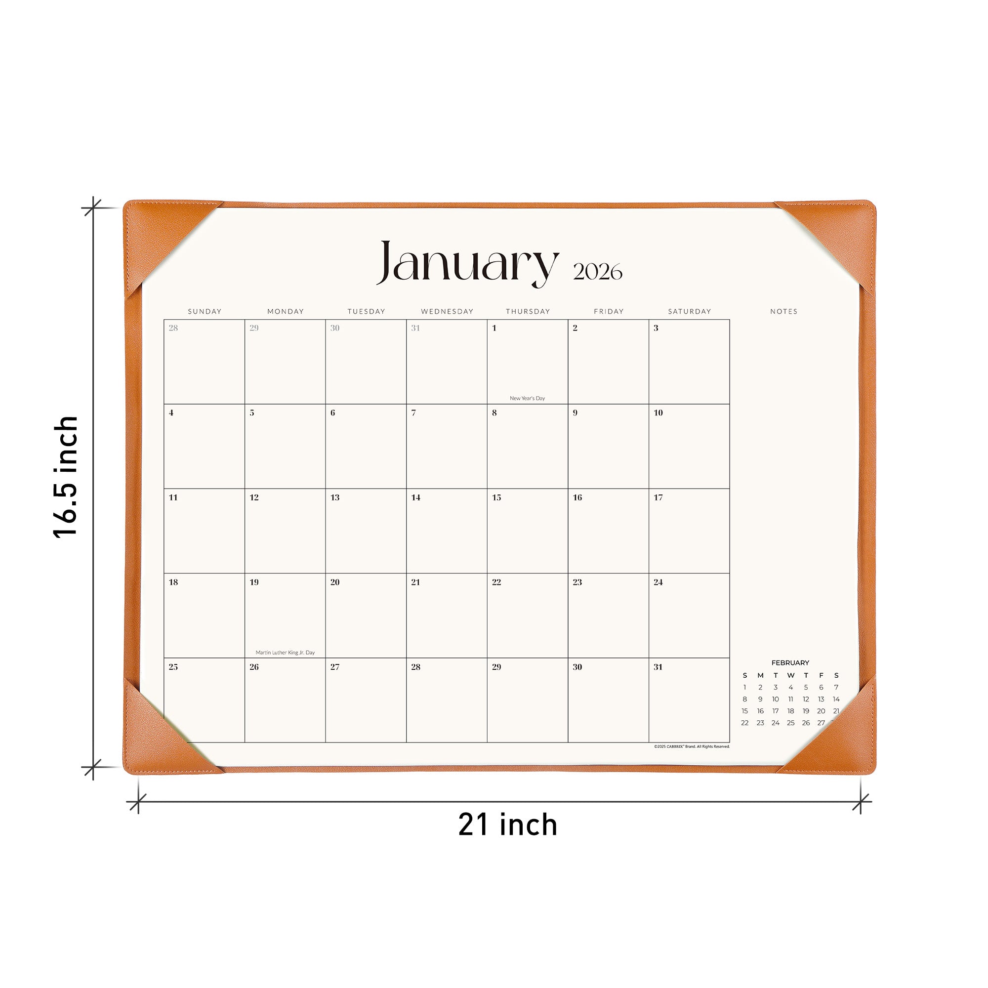 Calendar with dimensions labeled on a white background