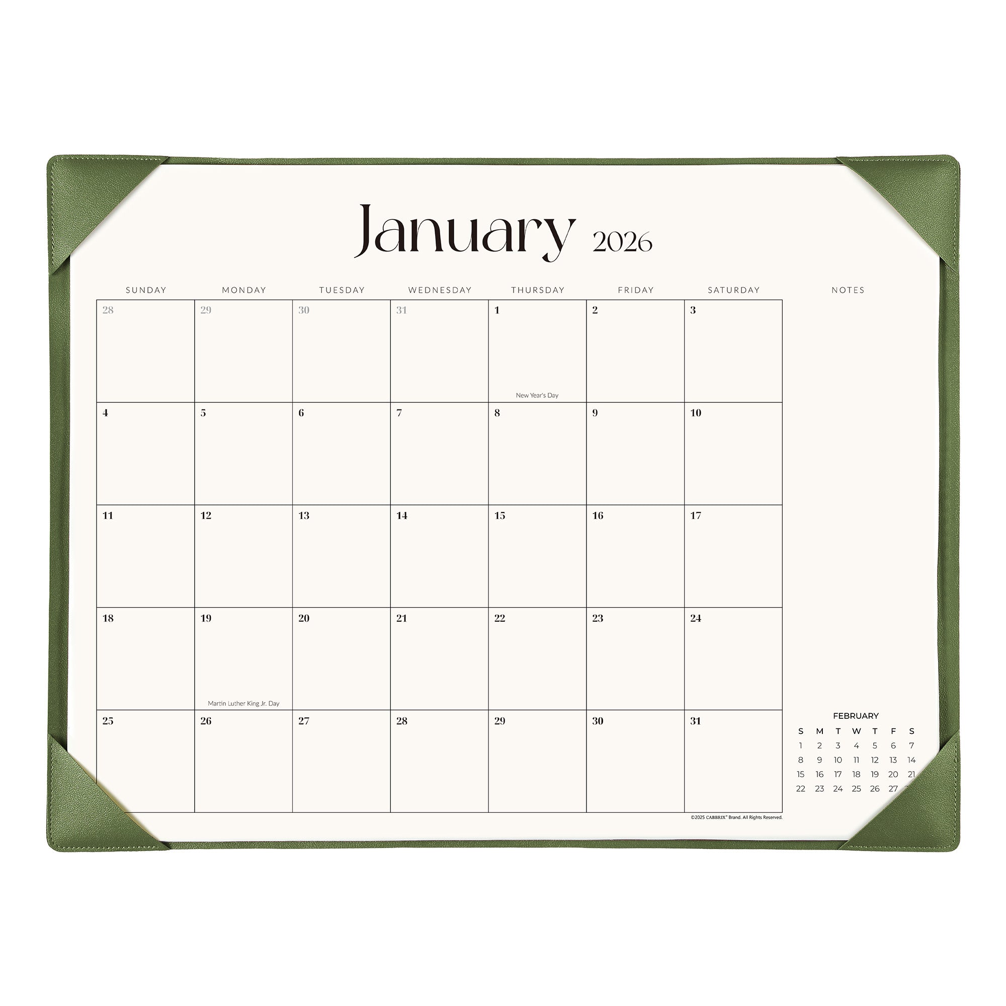 Calendar for January 2026 with a green border on a white background
