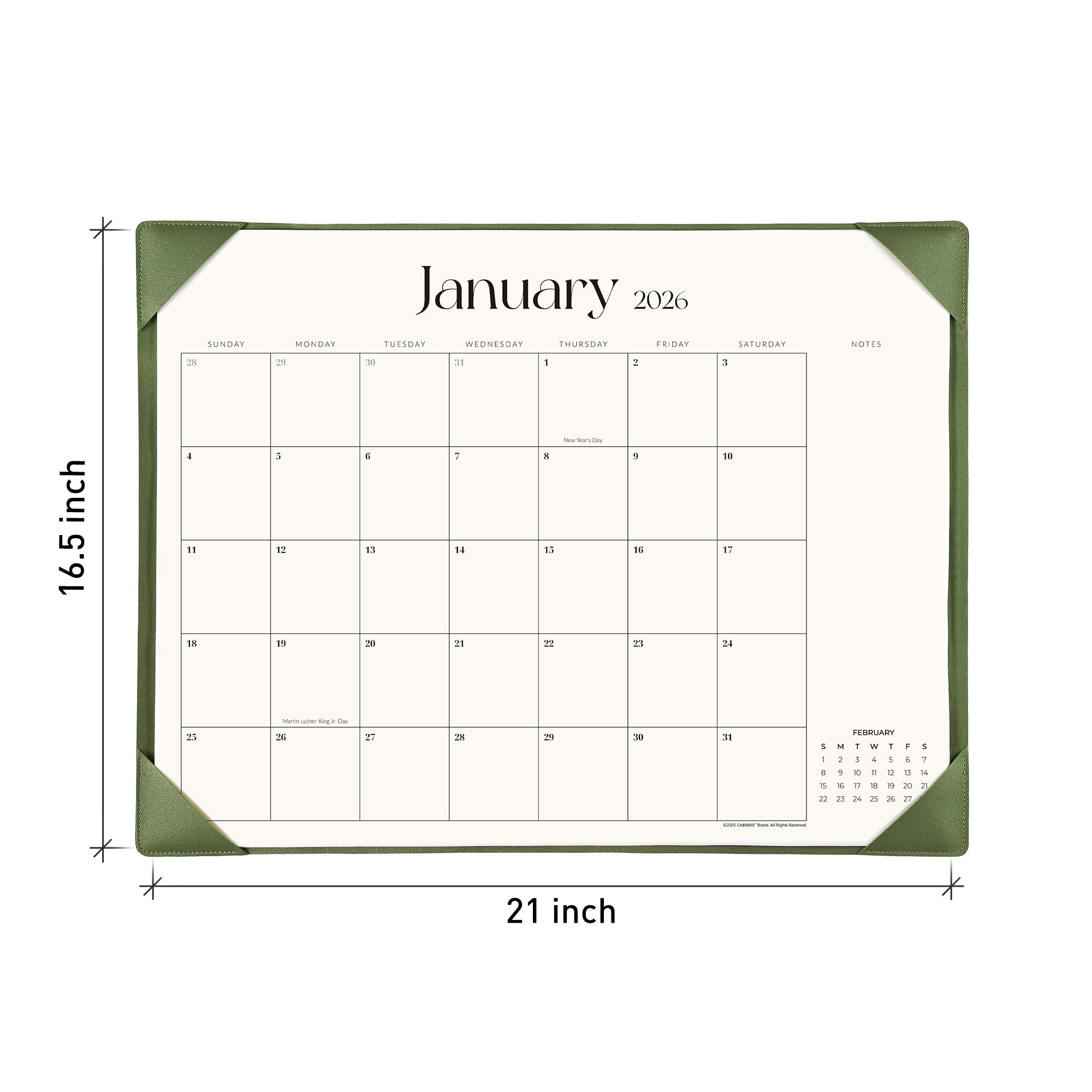 Calendar with dimensions labeled on a white background
