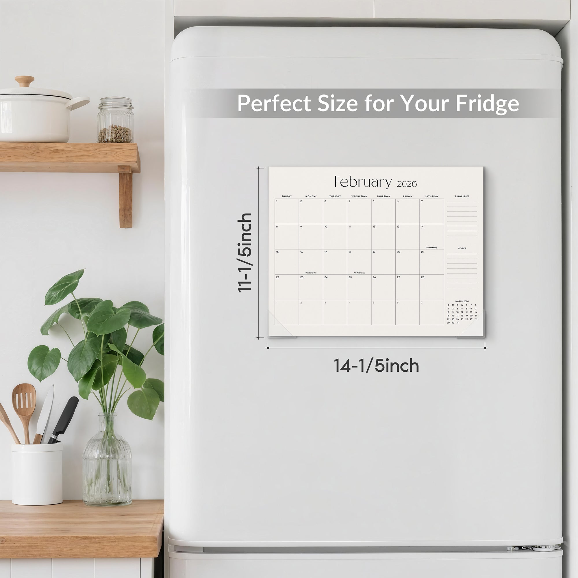 Calendar on a refrigerator with measurements indicated