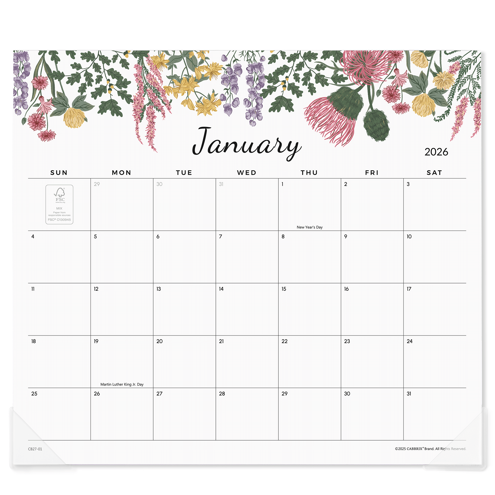 Floral-themed January 2026 calendar with decorative elements.
