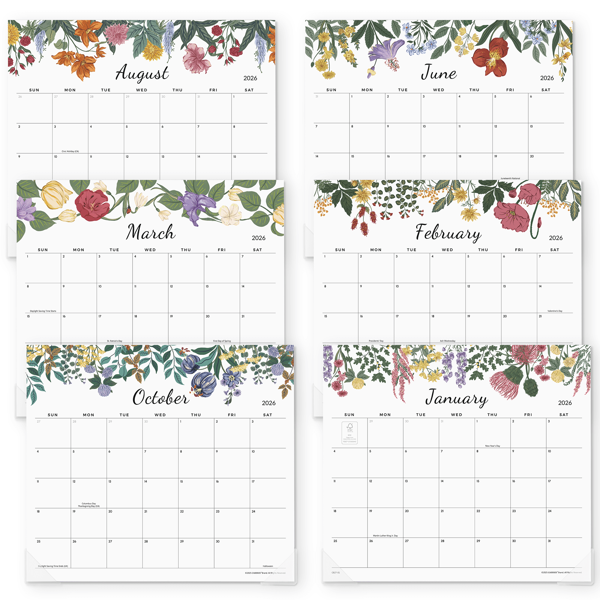Set of four floral-themed calendars for March, June, August, and October on a white background.