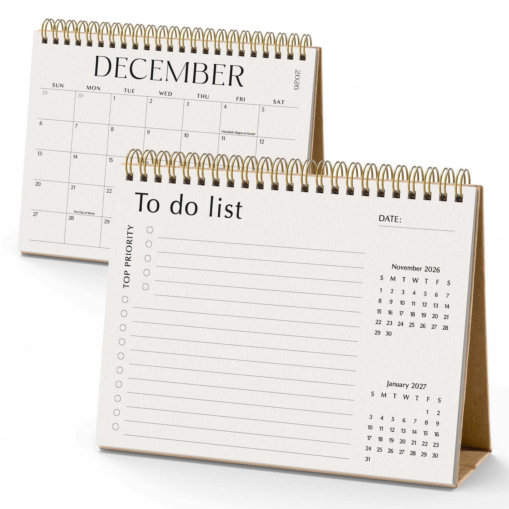 Desk calendar with a to-do list and monthly calendar pages on a white background