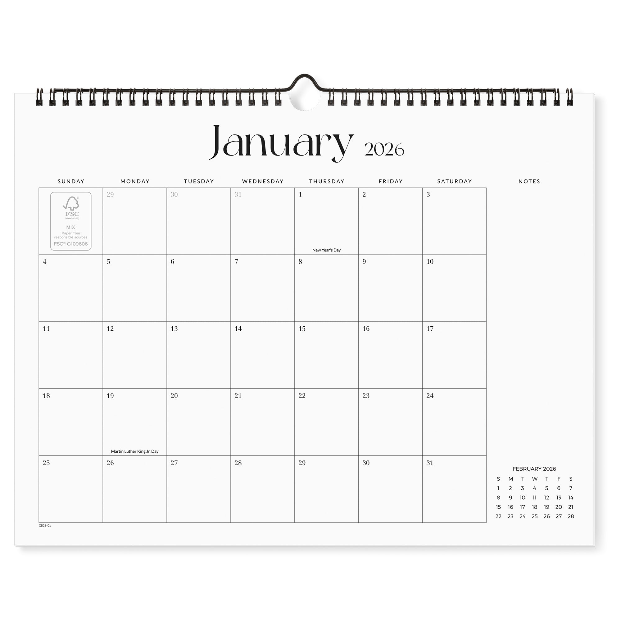 Calendar page for January 2026 with a white background
