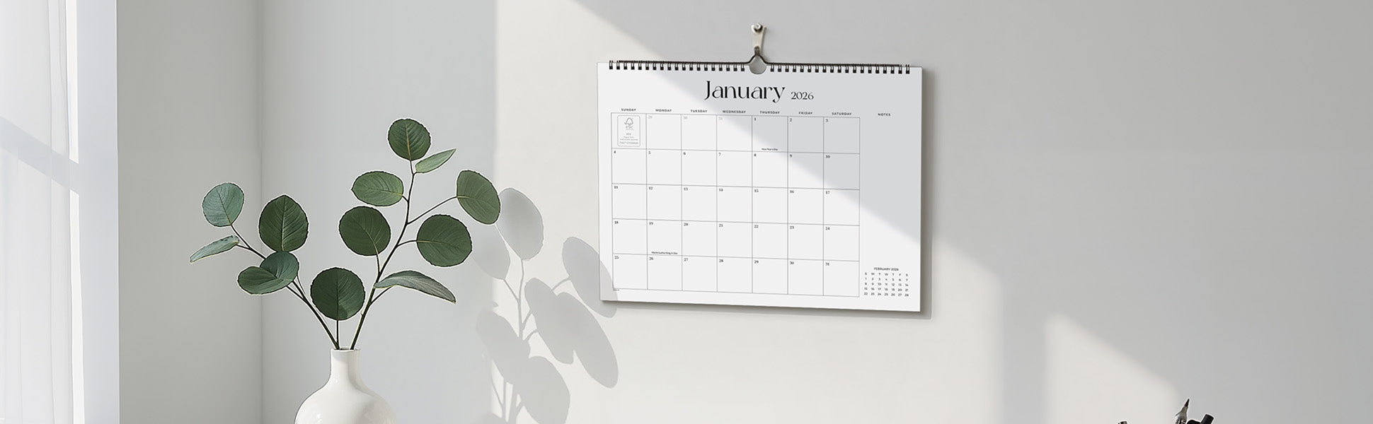 Calendar on a wall with a plant in the foreground