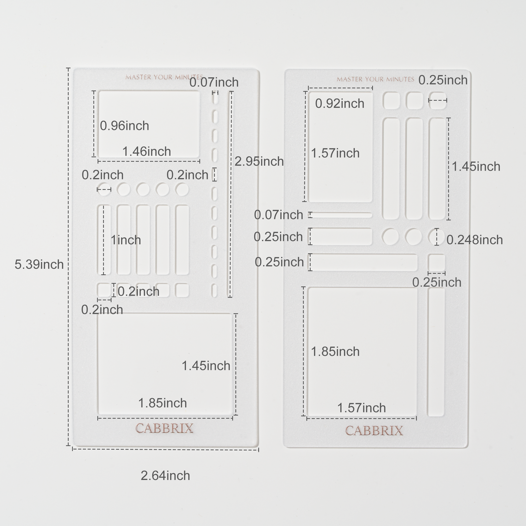 Measurement chart with dimensions in inches for CABBRIX tools on a gray background