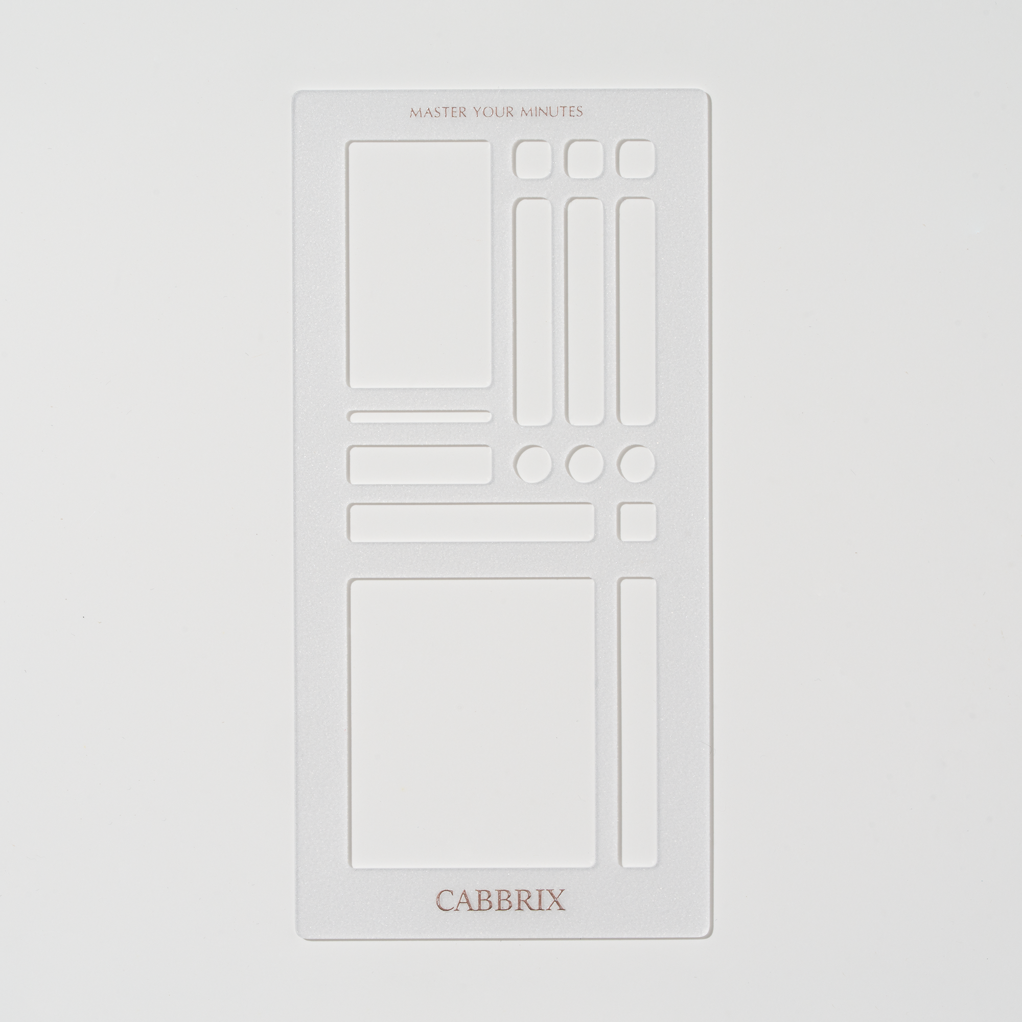 White stencil with geometric shapes and 'CABBRIX' branding on a light gray background