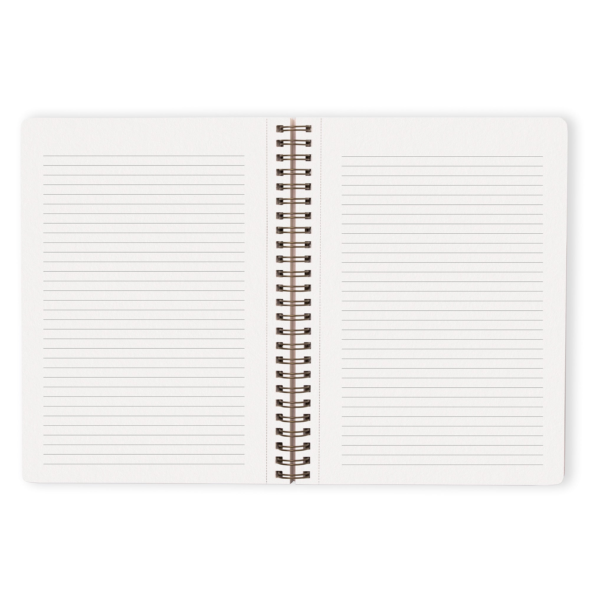 Open notebook with spiral binding on a white background
