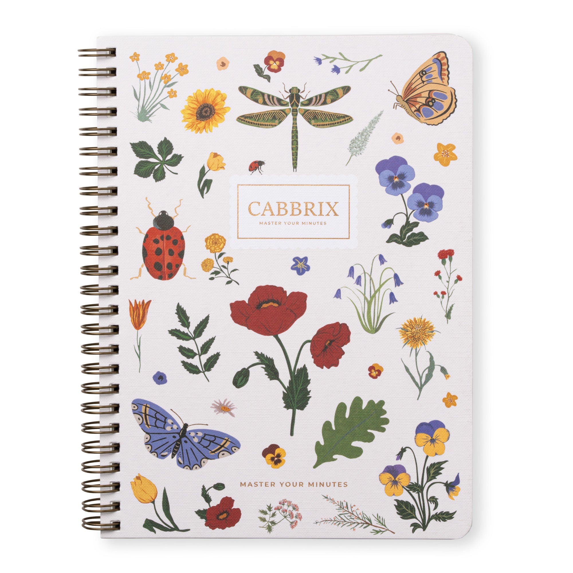 Notebook with nature-themed design featuring flowers, insects, and the brand 'Cabbrix' on a white background.