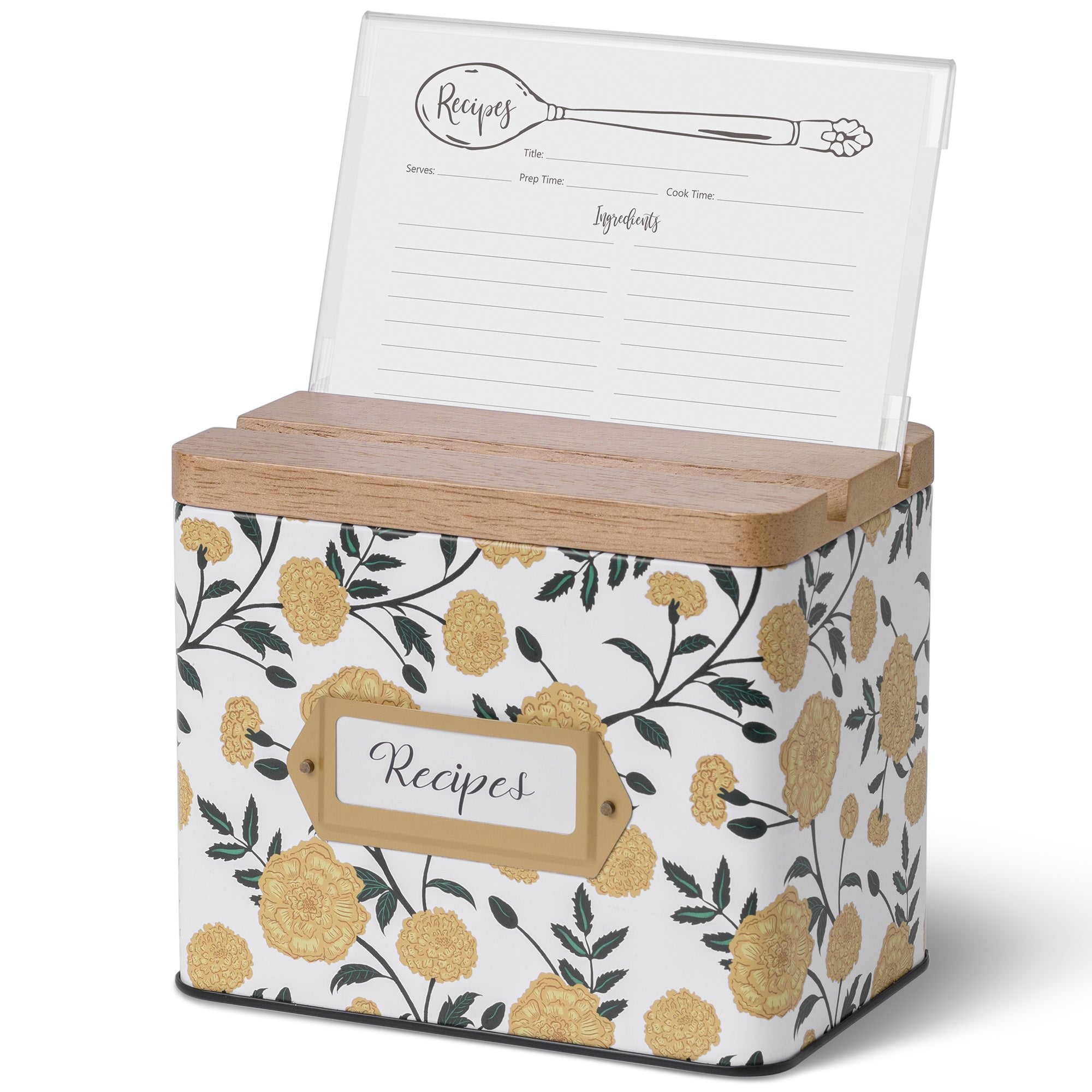 Floral-patterned recipe box with wooden top and clear holder for recipes on a white background