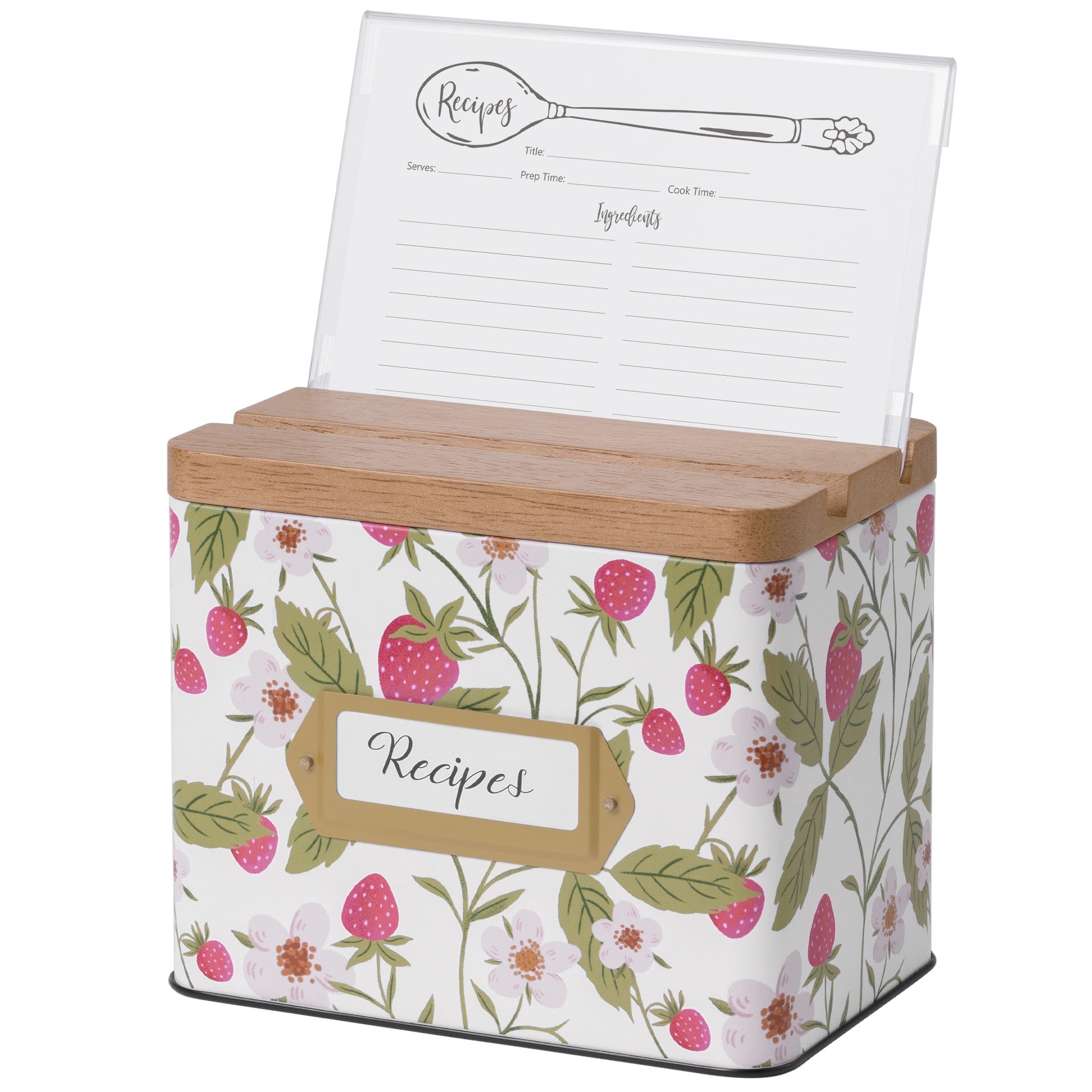 Floral-patterned recipe box with wooden lid on a white background