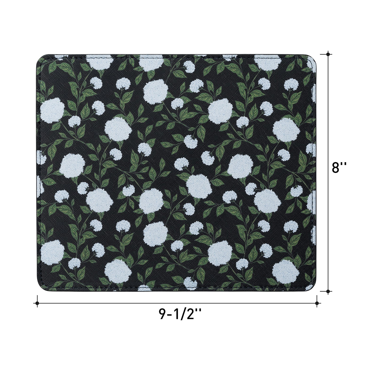 Floral patterned mat with dimensions on a black background
