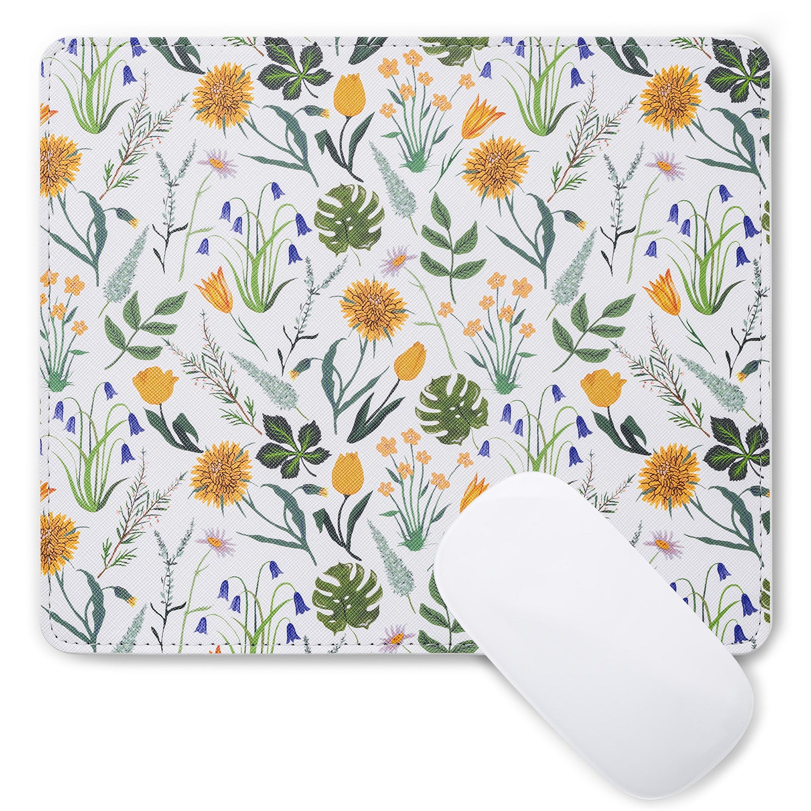 Floral-patterned mouse pad with a white mouse on a white background