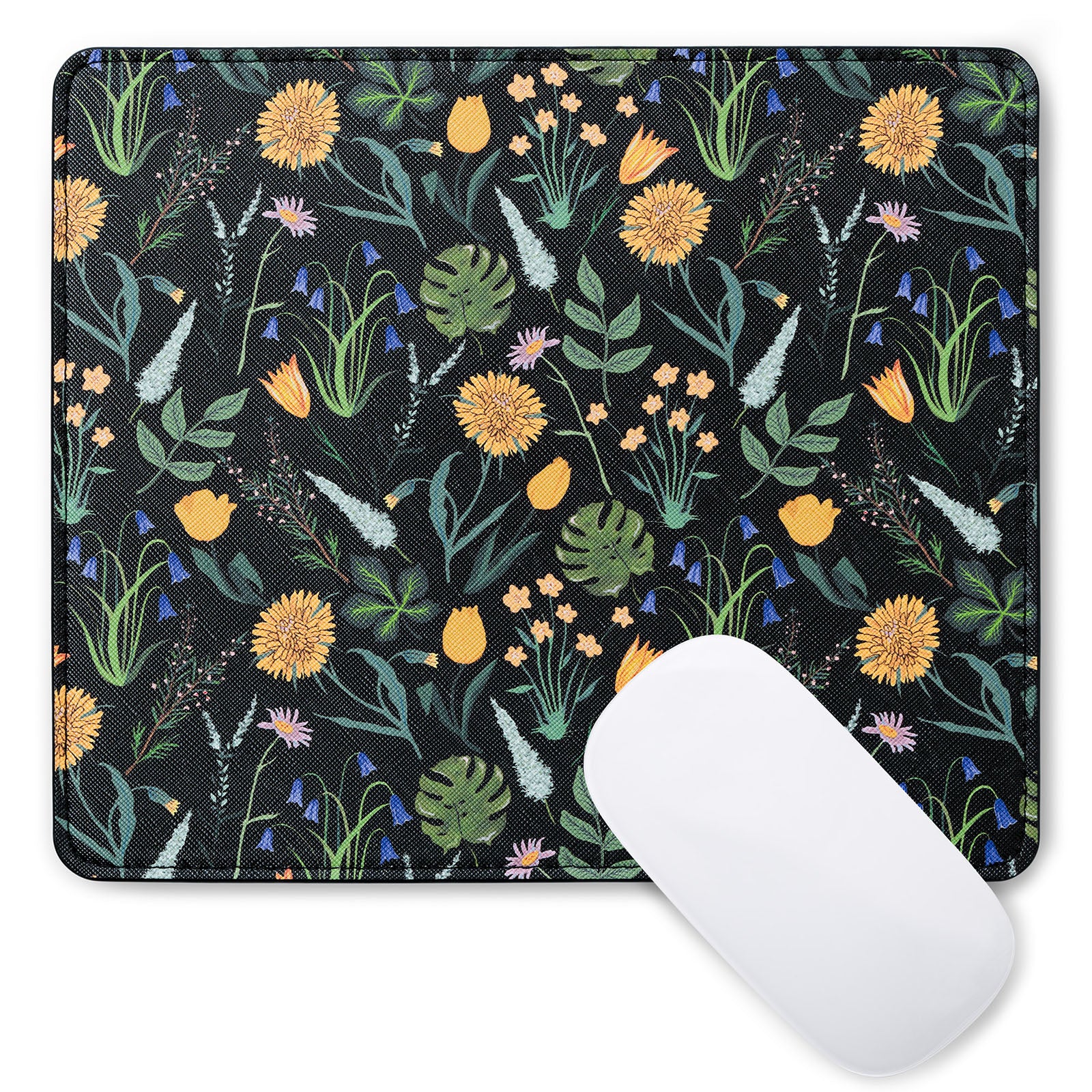 Floral mouse pad with a white mouse on a black background