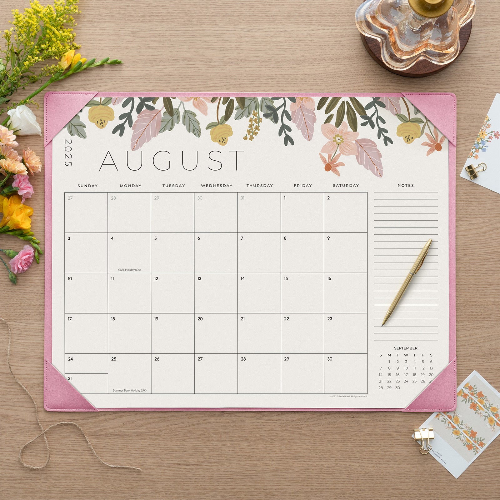 Cabbrix 2025-2026 Desk Calendar, Plant Elements, Pink