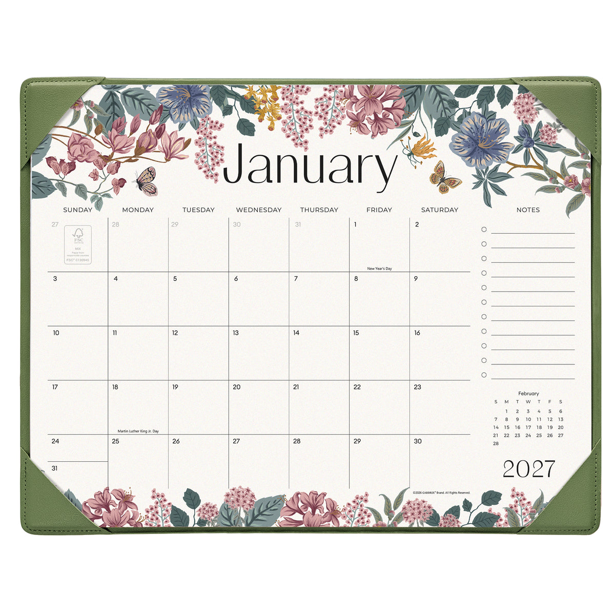 Cabbrix 2027-2028 Desk Calendar, 15"L×12"W, Elegant Floral, Black