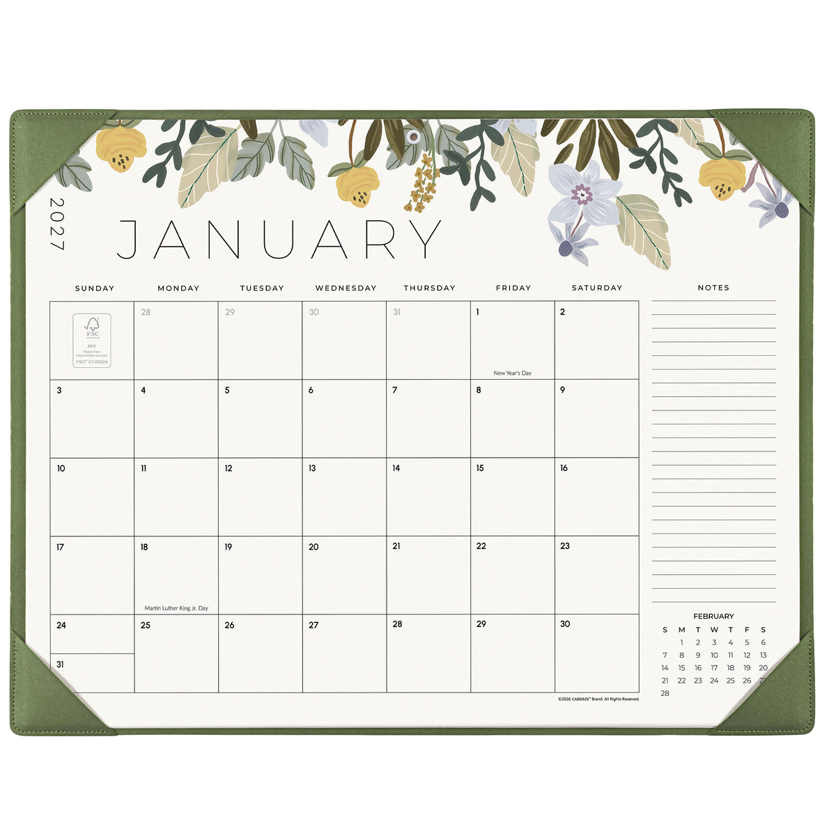 Cabbrix 2027-2028 Desk Calendar, 21"L×17"W, Floral Elements, Blue