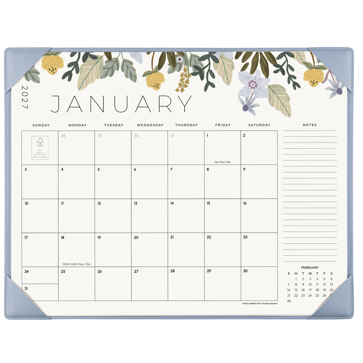 Cabbrix 2027-2028 Desk Calendar, 21"L×17"W, Floral Elements, Blue