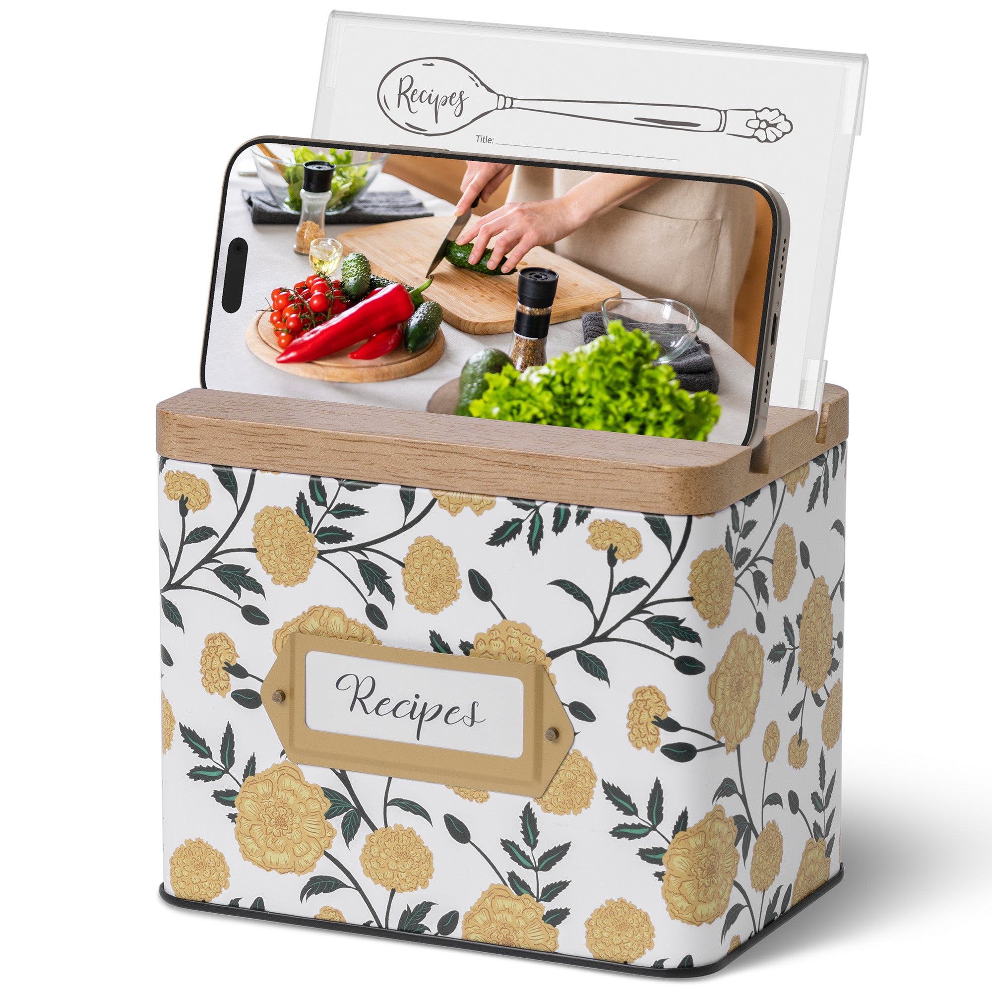 Cabbrix Stylish Recipe Box with Cards, Dahlias
